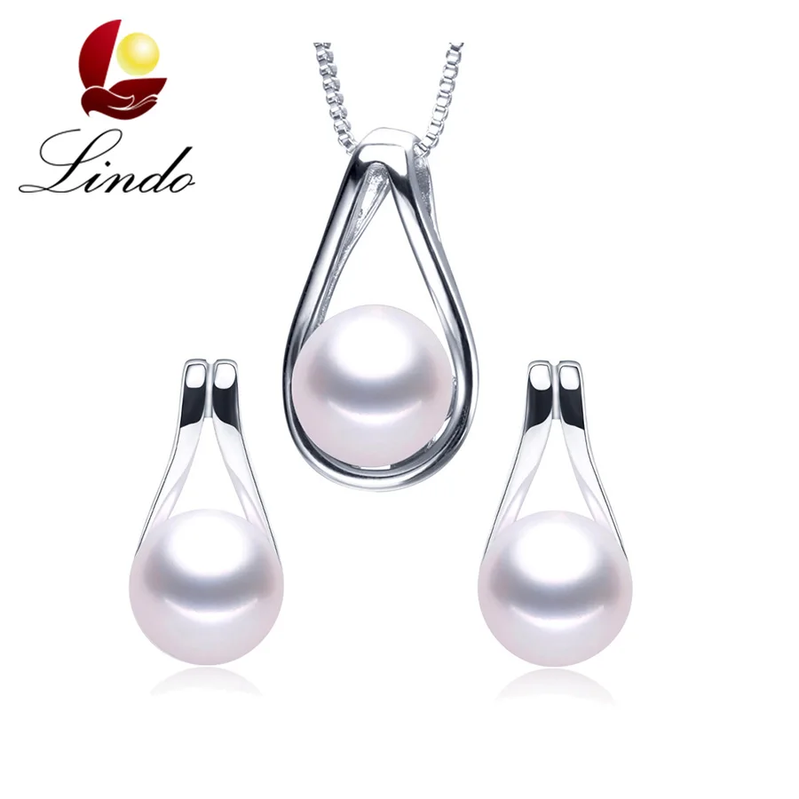 Elegant 925 Sterling Silver Water Drop Pendant &amp Necklace Earrings Real Natural Pearl Jewelry For women Party Accessories Sets |