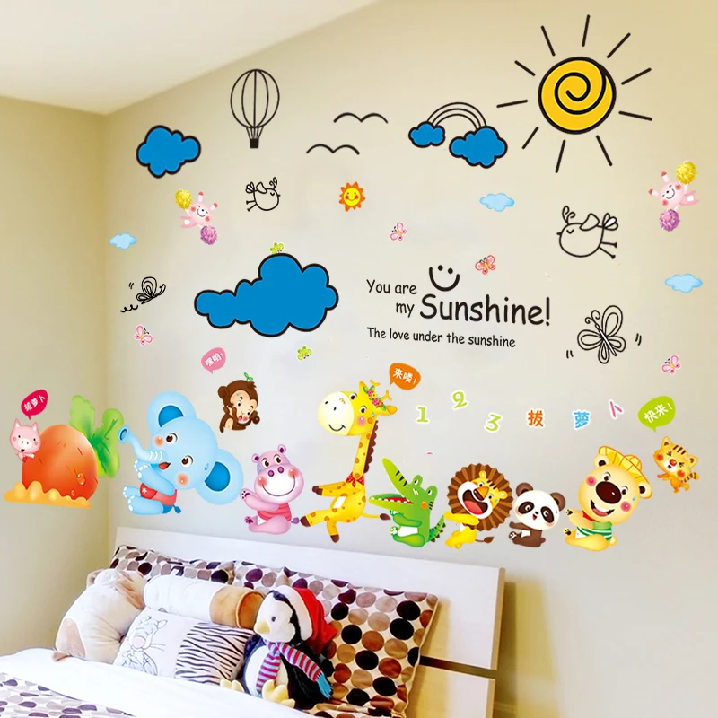 

[SHIJUEHEZI] Elephant Hippo Giraffe Animals Wall Stickers DIY Cartoon Clouds Wall Decals for Kids Rooms Baby Bedroom Decoration