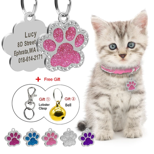Glitter Cat ID Tag Pendant Personalized Kitten Puppy Name Tags Paw