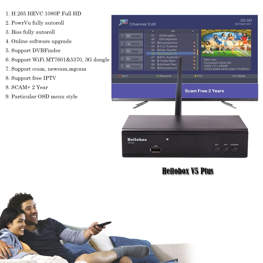 Спутниковый ТВ ресивер Hellobox V5 Plus для Cccam H.265 HEVC Full HD DVBS2 PowrVu Biss полностью