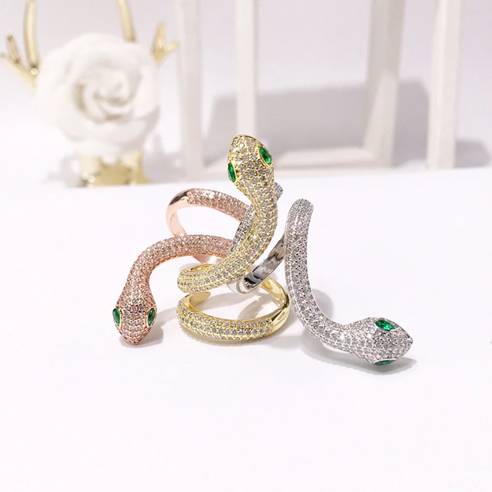 

Exquisite Gold Silver Pave CZ Green Eye Snake Rings for Women CZ Jewelry Cubic Zirconia Double Layers Open Ring Top Quality