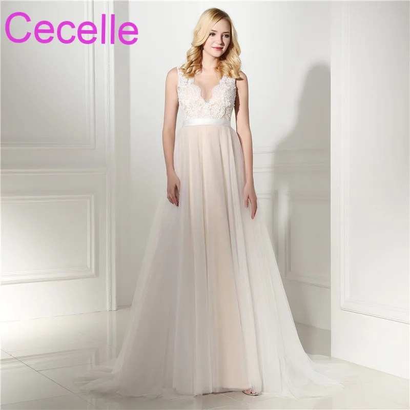 2018 New A Line Lace Tulle Boho Wedding Dresses In Champagne V