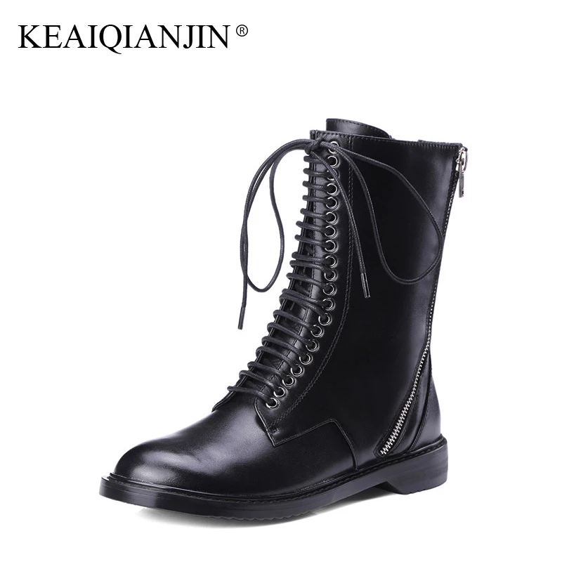

KEAIQIANJIN Woman Riding Boots Black Autumn Winter Lace Up Ankle Boots Zipper Motorcycle Genuine Leather Martens Boots 2017