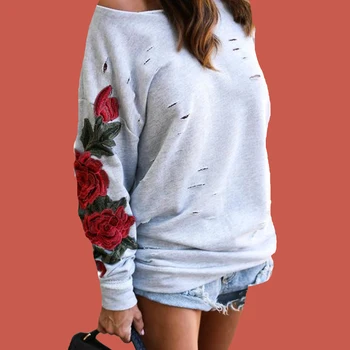 

Vintage Floral Rose Embroidered Hoodie Poleron Mujer 2019 5xl Plus Size Women One Shoulder Sweatshirt Ripped Hoodie Pullover