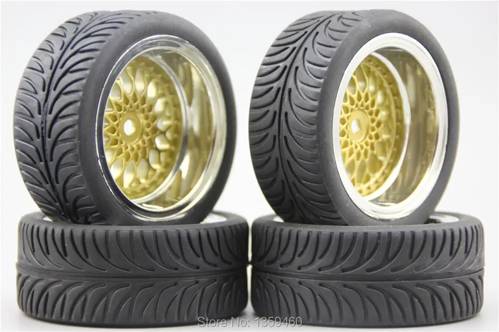 4pcs 1/10 RC Soft Rubber Touring Car Tire Tyre Wheel Rim Gold 10043+21011 