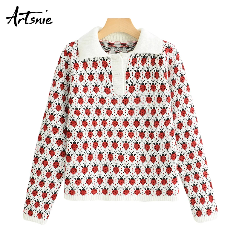 

Artsnie Winter 2018 Heart Knitted Pullovers Women Turn Down Collar Button Knitting Girls Sweaters Autumn 2018 Pull Femme Jumper