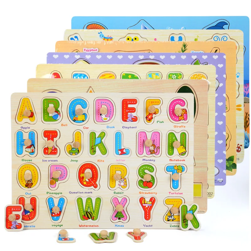

30cm Baby Toys Montessori Wooden Puzzle/Hand Grab Board Set Kid Early Educational Toy Cartoon Vehicle/ Marine Animal Puzzle Gift