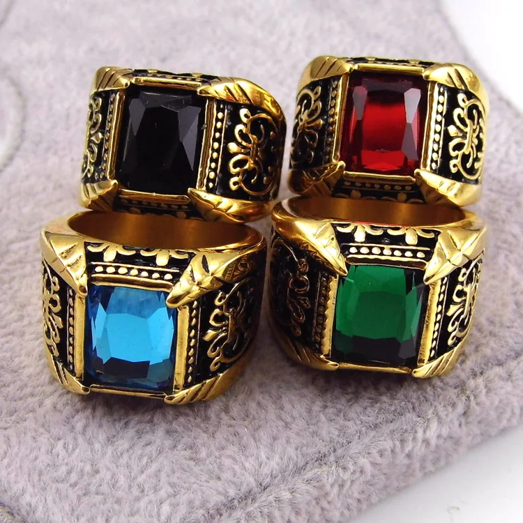 Vintage Antique Gold/Silver Plated Crystal Ring For Men Stainless Steel Big Square Stone Finger Ring Male Men Jewelry 2016