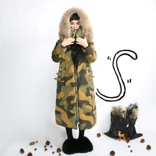 XYJ217 дизайн теплый съемный воротник из натурального меха енота камуфляж с капюшоном свободный х длинный белый пуховик для женщин зима