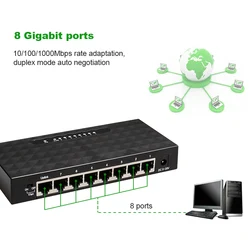 Interruptor inteligente de rede, 8 portas, gigabit, 10/100/1000mbps, hub lan, transmissão full/half duplex, jxl