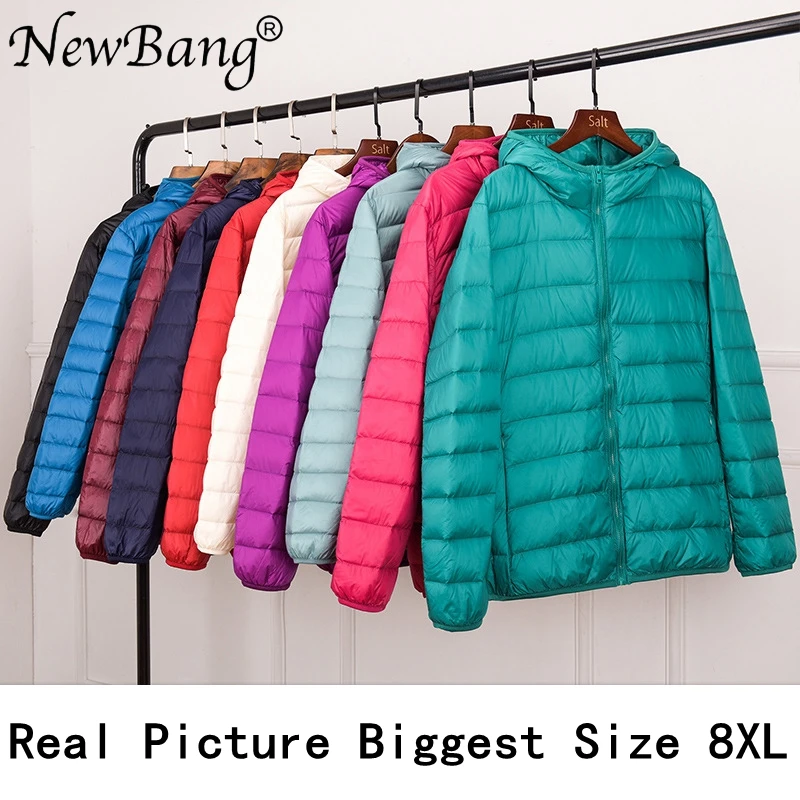 Бренд NewBang, большой размер, 8XL, 7XL, Женское пальто, женский ультра-светильник, пуховик на утином пуху, плюс, Осень-зима, пуховик с капюшоном