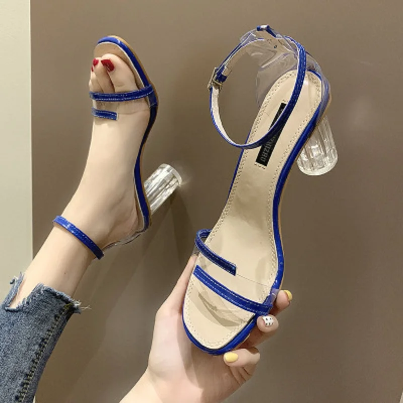 

High-heeled shoes female 2019 summer new wild word transparent fairy wind thick with sandals