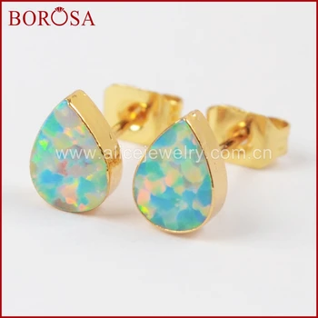 

BOROSA New Arrival Gold Color Drop Shape White Blue Opal Stud Earring Japanese Opal Earrings for Women Drusy Jewelry G1418