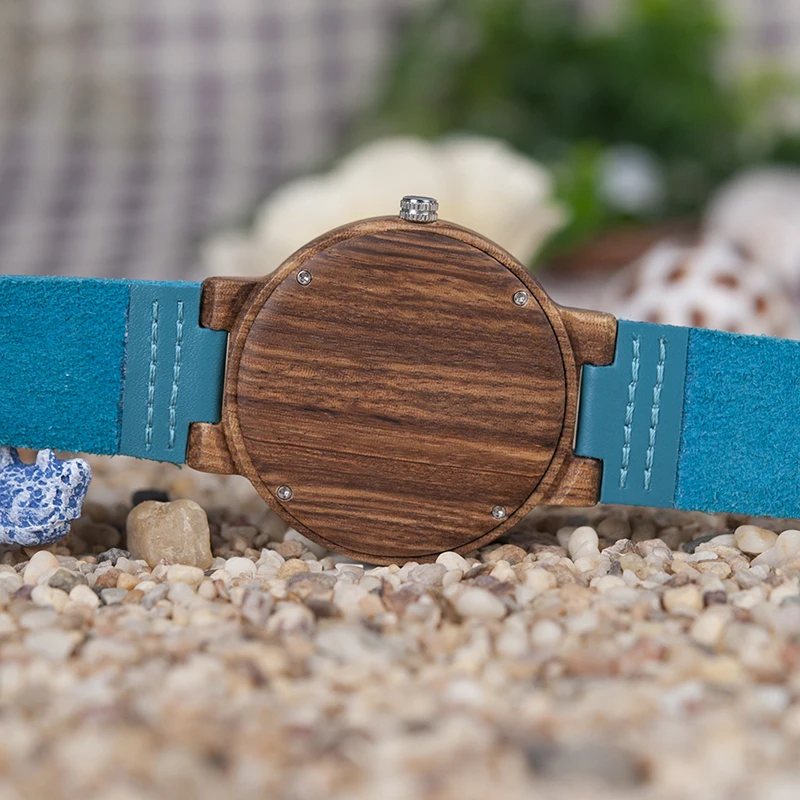 BOBO BIRD Men Zebra Wood Watches relojes hombre Quartz Wristwatches Male Leather Strap in Gifts Drop ship Turquoise blue