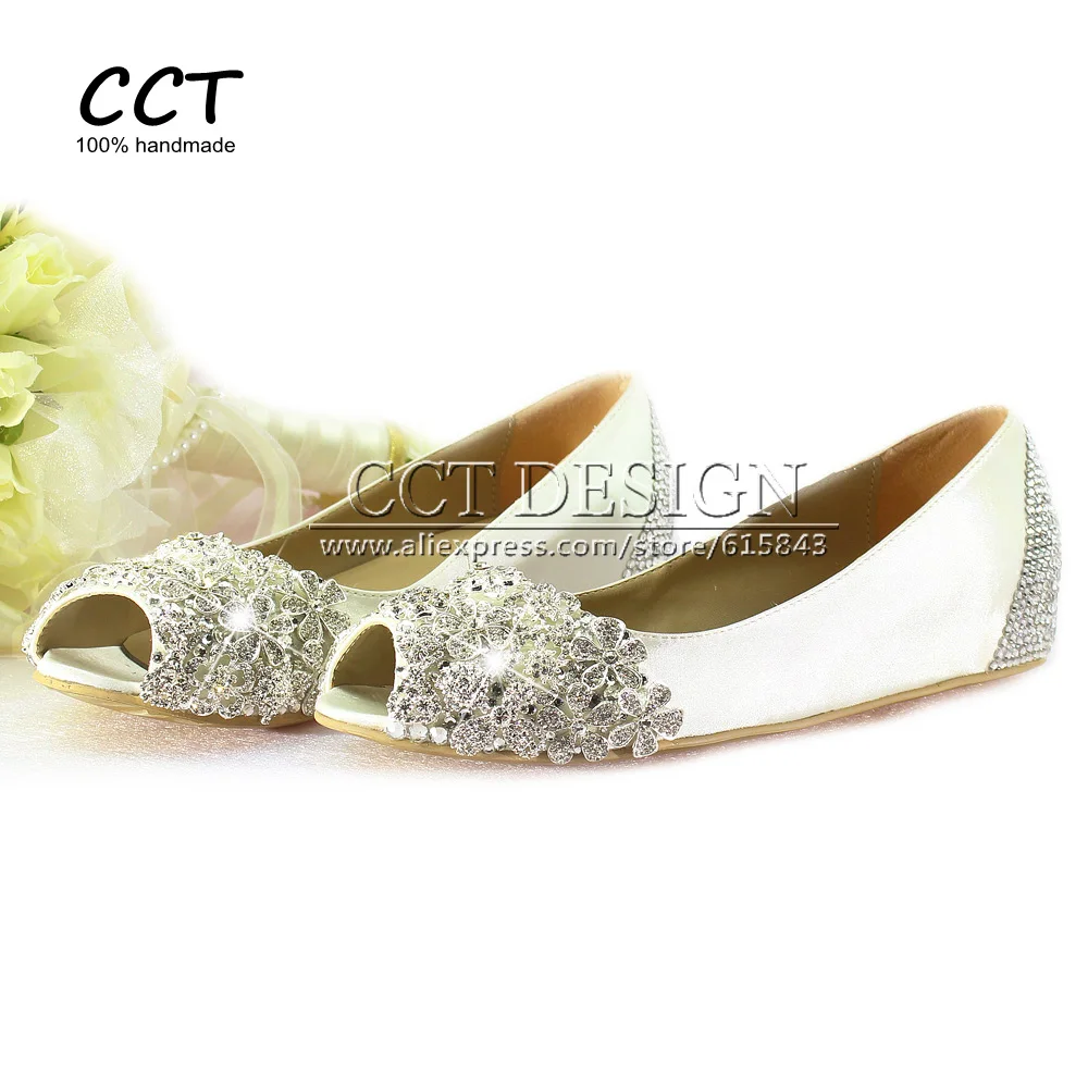 2016 New Summer Crystal Shoes Flats Wedding Shoes Peep Toe White Bridal