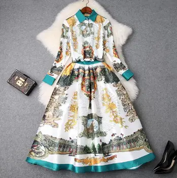 

2019 spring women's new lapel retro printed loose shirt + high waist fluffy skirt suitT3446