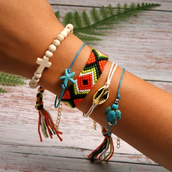 MOON GIRL 5 Pieces Puka Shell Bracelet Set Turtle Starfish Cross Beads Boho Weave Bracelet for Women Friendship Jewelry Dropship - Metal Color: 11