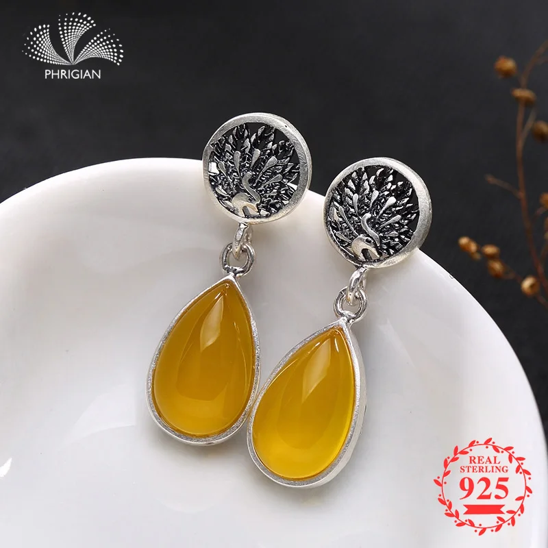 

NOT FAKE S925 Fine Poland Earrings 925 Sterling Silver Women Antique shop noble Nature Retro Exquisite citrine Amber life tree