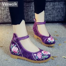 Veowalk/Женская обувь из флокированного хлопка с вышивкой на плоской платформе, на толстой подошве, с ремешком на лодыжке, Женская Цветочная вышивка кэжуал
