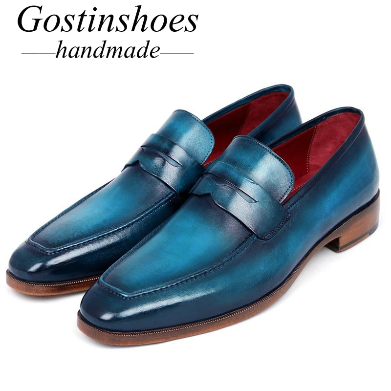 

GOSTINSHOES HANDMADE Mens Shoes Casual Luxury Goodyear Welted Handmade Slip-On Painted Blue Genuine Leather Loafers Men SCT06