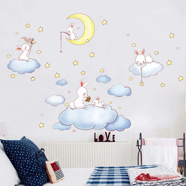 Aliexpress Com Buy Cute Clouds Rabbit Wall Stickers For Kids Rooms Removable Diy Children Bedroom Wall Decals Home Decor Cartoon Wallpaper From