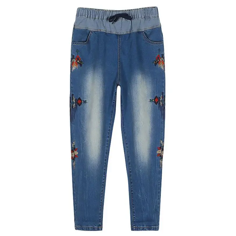 2XL-6XL джинсы Весенние большие размеры с вышивкой и эластичным поясом Джинсы женские брюки длиной до щиколотки тонкие широкие джинсы wj504 - Цвет: blue