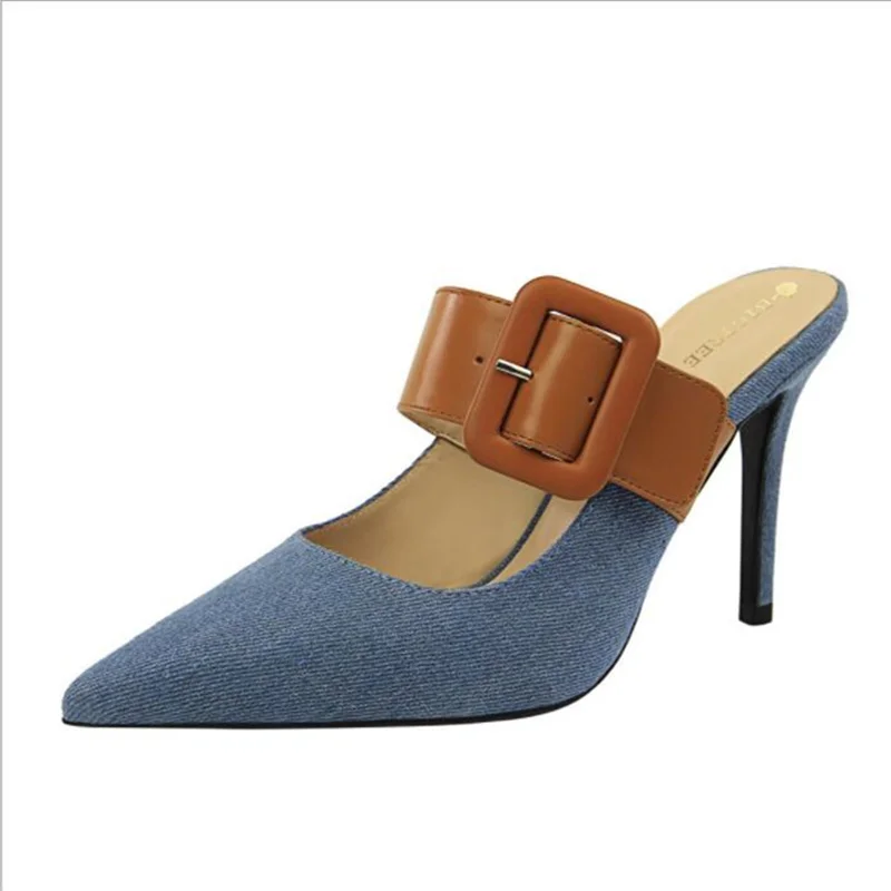 

TTSDARCUPS Euro-American women shoe bale slippers with high heel and shallow pointed denim matching color belt buckle slippers