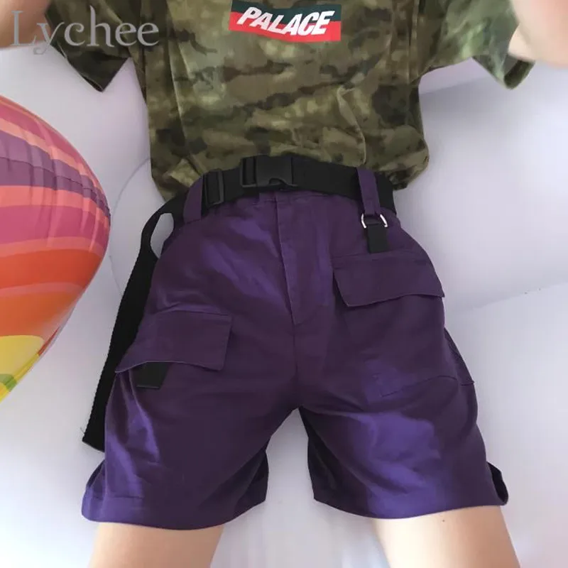 Lychee Harajuku с поясом, фиолетовые, эластичные, с высокой талией, женские, выше колена, Карго, шорты с карманами,, одноцветные, свободные, женские шорты