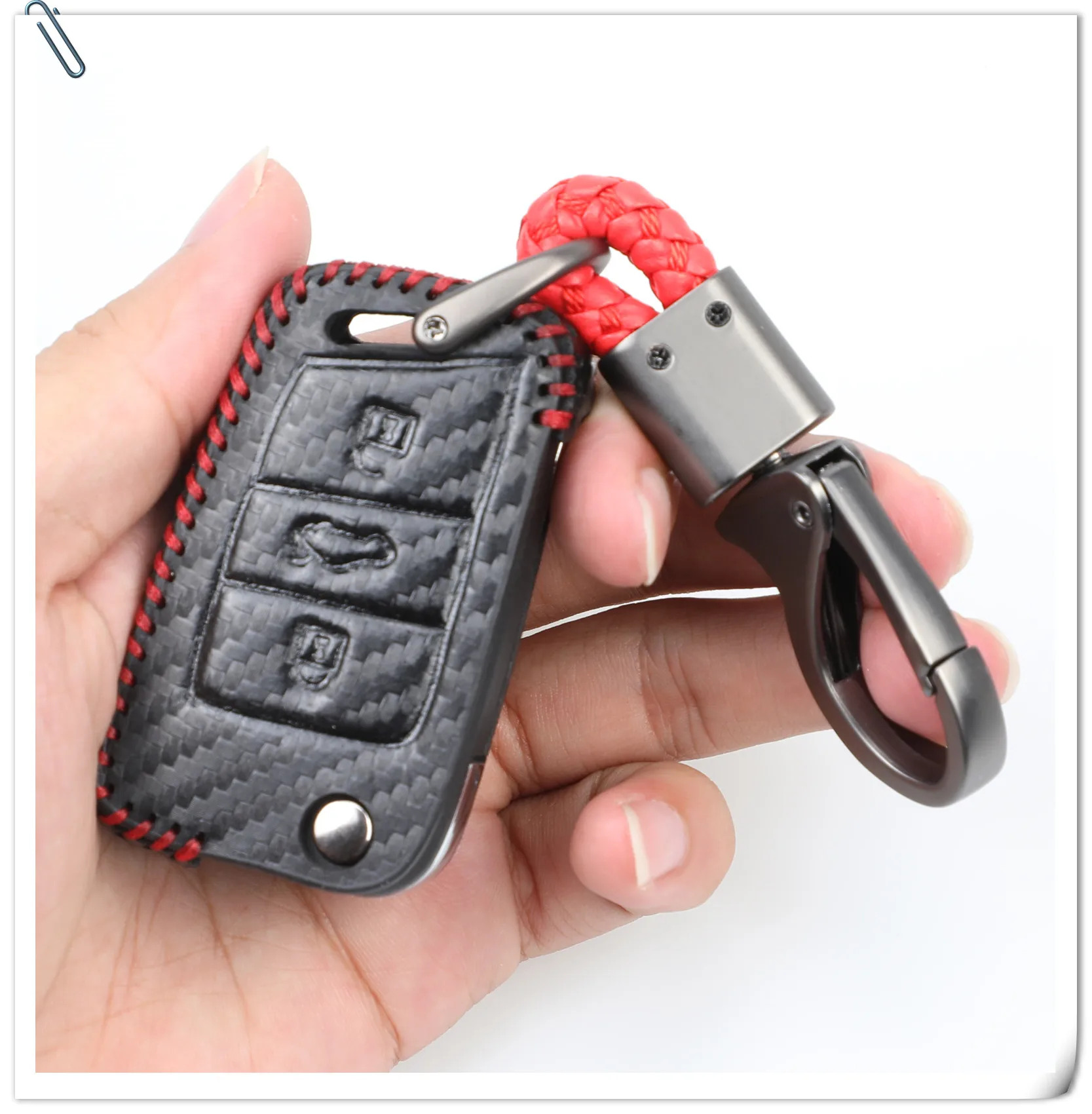 Keyforkess custodia in pelle stile chiave in carbonio per Polo Golf 7 Tiguan Skoda Octavia Karoq SEAT Ateca Leon Ibiza 2015-2019 -