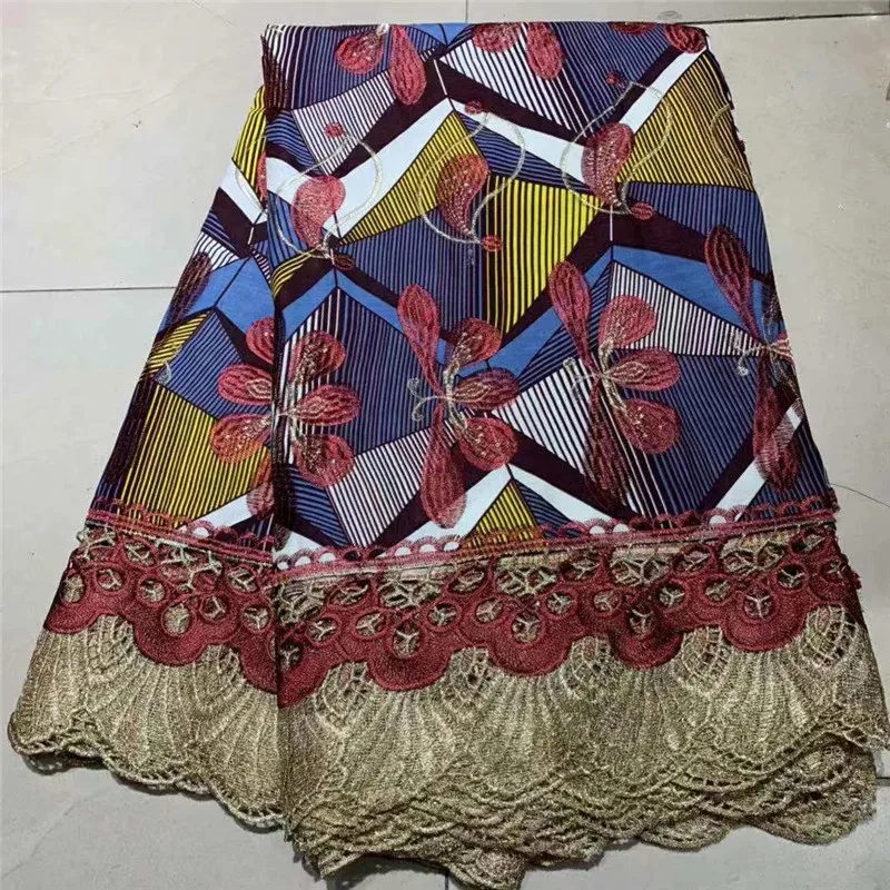 

Floral Hollandais wax embroidered African french lace net tulle fabric with guipure lace borders High quality 6 yards ZQ030222