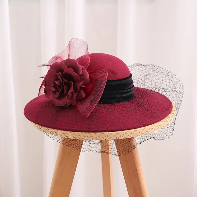

2019 Luxury Australian Wool Fedora Hat For Women Autumn Winer Big Flower Wide Brim Bucket Hat Party Mesh Floral Pillbox Sombrebo
