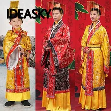Китайский Мужской костюм для взрослых и детей, китайский костюм ханьфу, Мужская одежда для мальчиков, одежда императора короля, костюмы робы+ шляпа, древний Тан