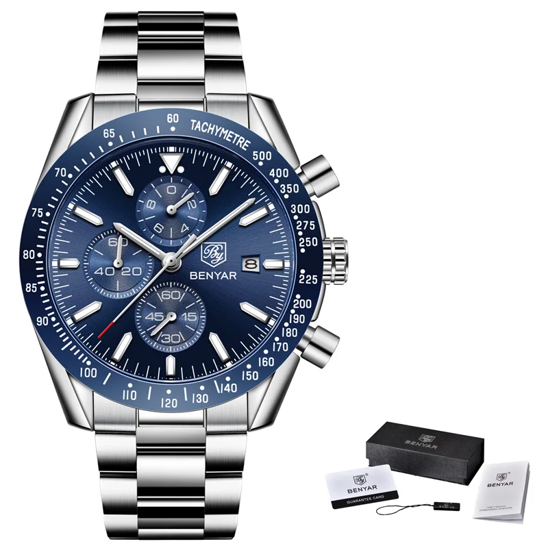 Мужские часы BENYAR Топ бренд класса люкс полностью стальные бизнес Кварцевые часы мужские повседневные водонепроницаемые спортивные часы Relogio Masculino - Цвет: Blue