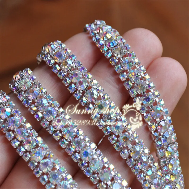 

2yard 9mm Diamante Rhinestone Crystal AB 3Rows Trim Silver Tone Cake Banding Decoration/ Garment Accesorry RT0025
