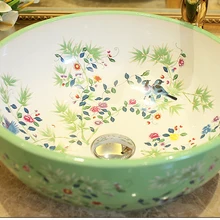 Estilo antiguo, Europeo fregaderos de cerámica encimera lavabo tocadores de baño lavabo venta al por mayor flor y pájaro