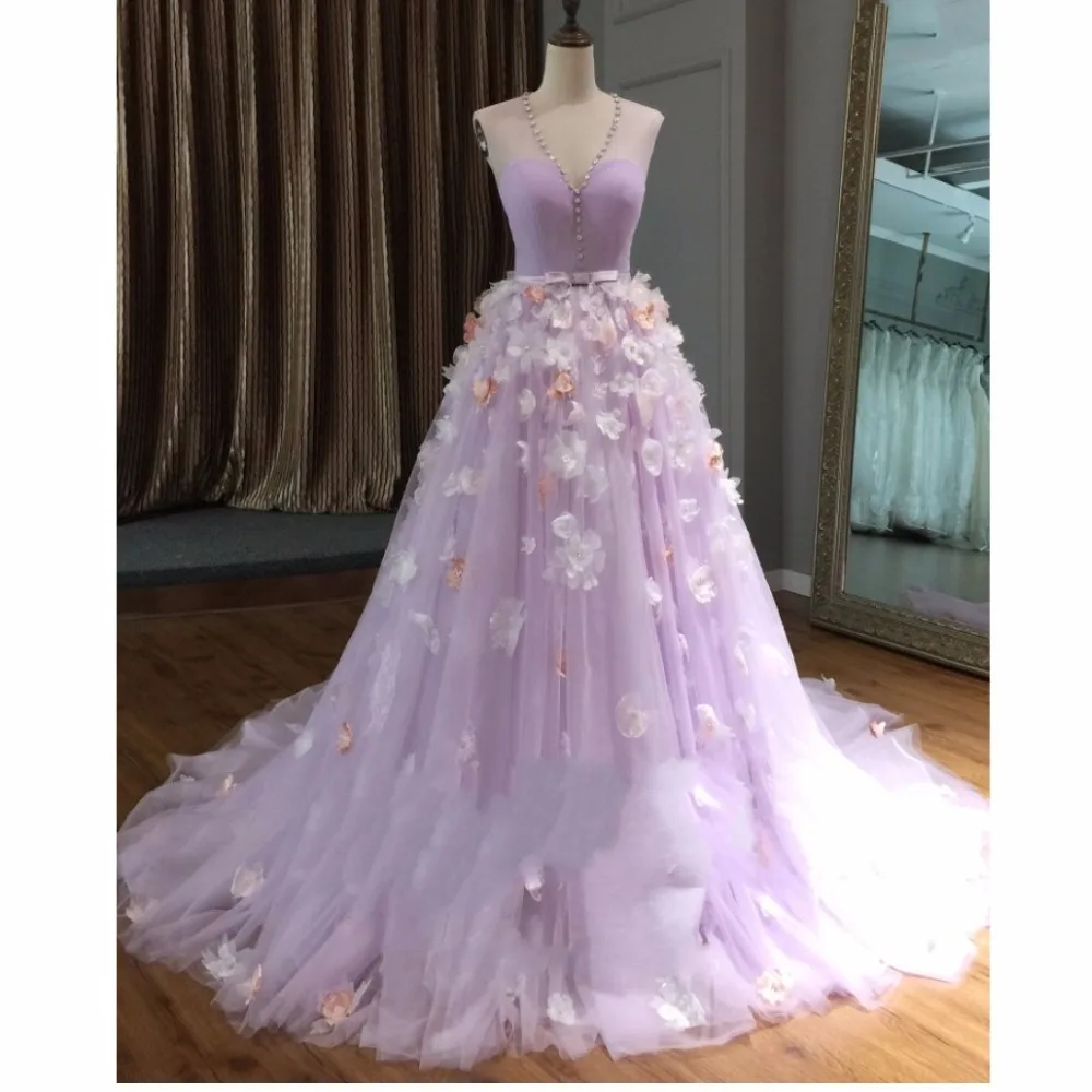 Pretty 3D Flower Long Prom Dresses 2018 Lavender Crystal Tulle Prom Gowns Illusion V neck Aline 