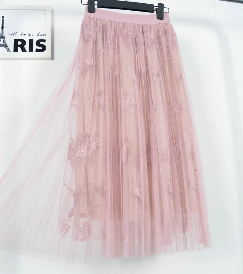 PEONFLY Leavf Вышивка линии пачки кружева Юбка из сетчатой ткани Для женщин Элегантный Тюль Длинные женские плиссированные юбки одноцветное