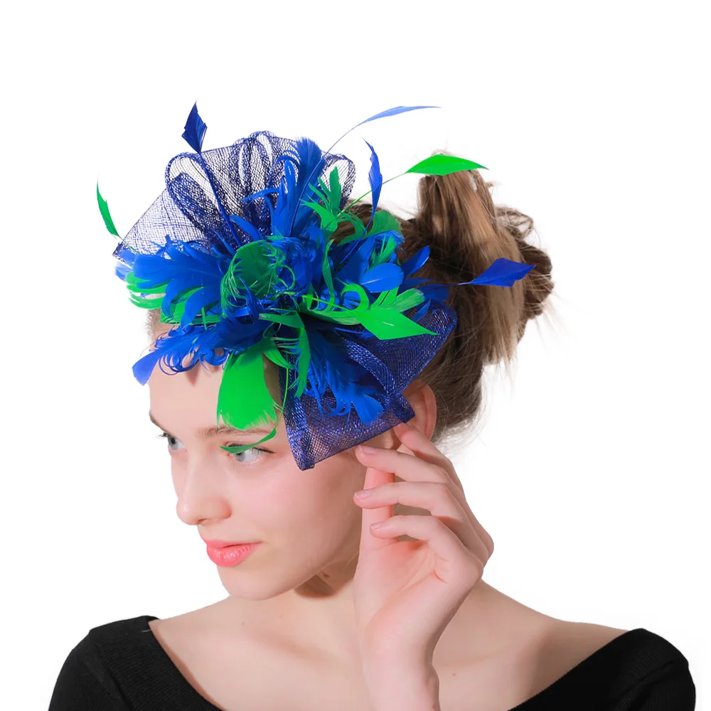 

Women Elegant Fascinator Hat Cocktail Wedding Party Church Hat Vintage Headwear Feather Sinamay Fedora M208