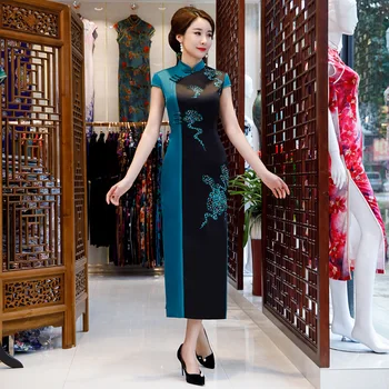 

Rhinestone Chinese Vintage Flower Slim Dress Sexy Rayon Women Short Sleeve Cheongsam Novelty Handmade Button Stage Show Qipao