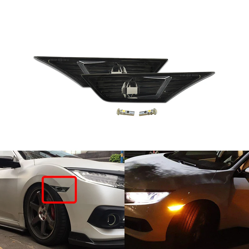 

Fits For Honda Civic 2016 2017 2018 Smoke Clear Led Fender Side Marker Turn Signal Indicators Light W/T10 Bulbs