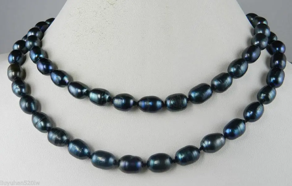 

Free Shipping ***Hot sale >>>7-8mm Black Cultured Akoya Pearl Necklace Rice 32''