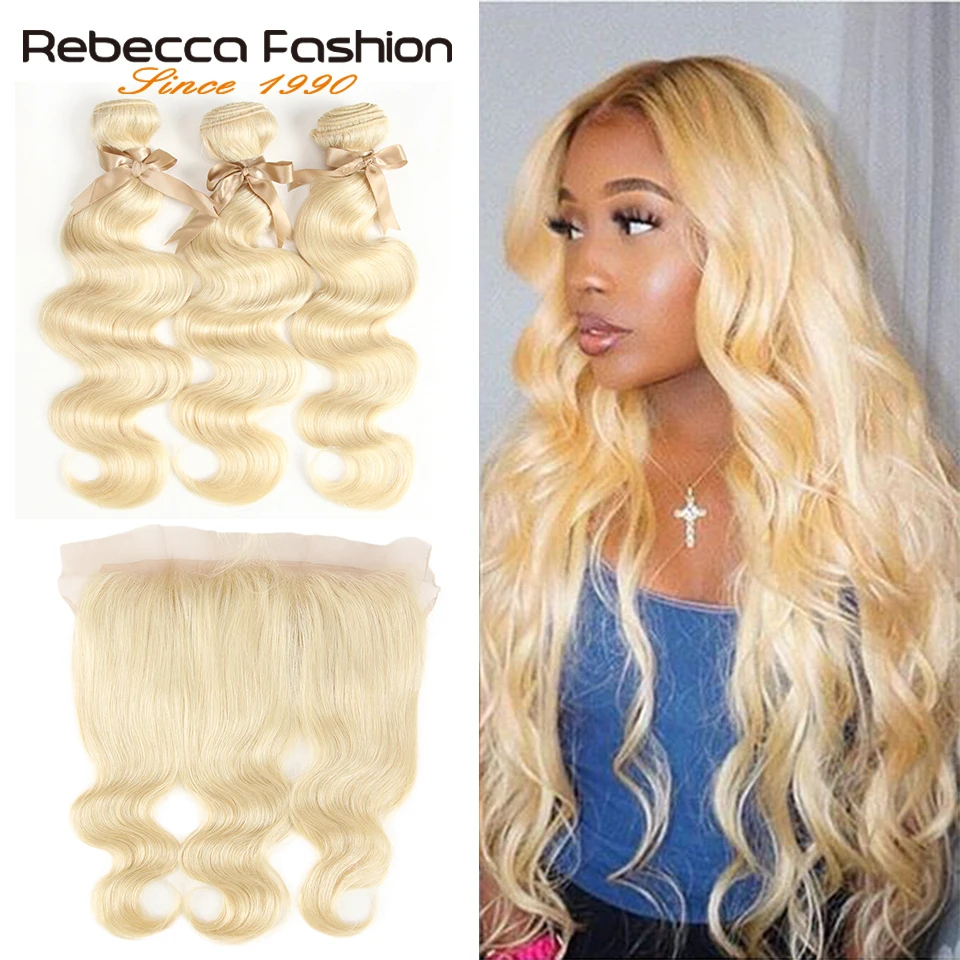 

Rebecca 613 Blonde Bundles With Frontal Malaysian Remy Blonde Human Hair Body Wave 3 Bundles With Lace Frontal Closure