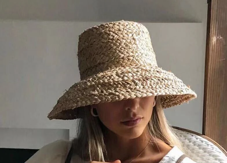01904-HH7330 dropping Handmade raffia weaving Hepburn Lampshade shape lady  flat bucket hat Outdoor women holiday beach cap