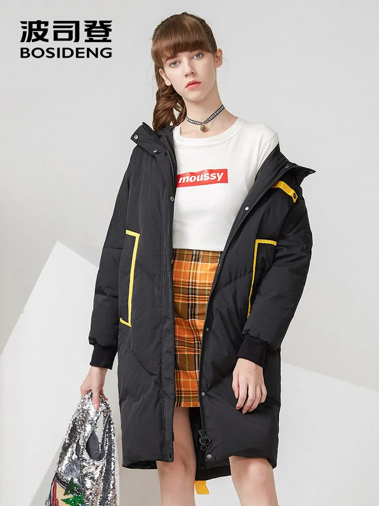 

BOSIDENG winter down jacket for women Long thick down coat hood hat detachable loose casual outwear waterproof B70142532
