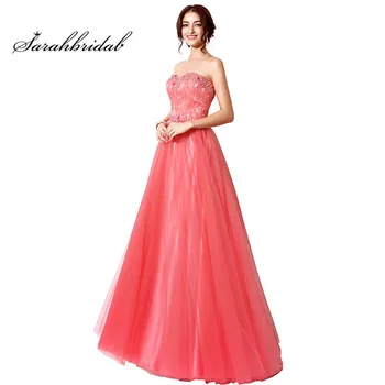 

Elegant Charming Coral Evening Dresses With Sheath Lace-Up Back Prom Party Gowns Strapless Tulle Floor Length Crystal SD207