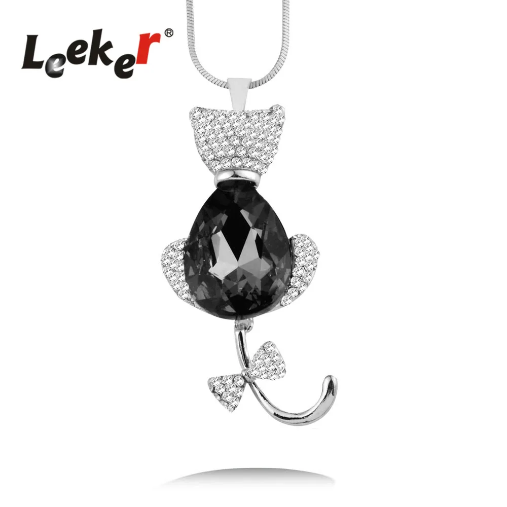 

LEEKER Charm Gray Crystal Cute Cat Animal Pendant Long Necklace Silver Chain For Women Vintage Costume Jewelry 92416 LK9