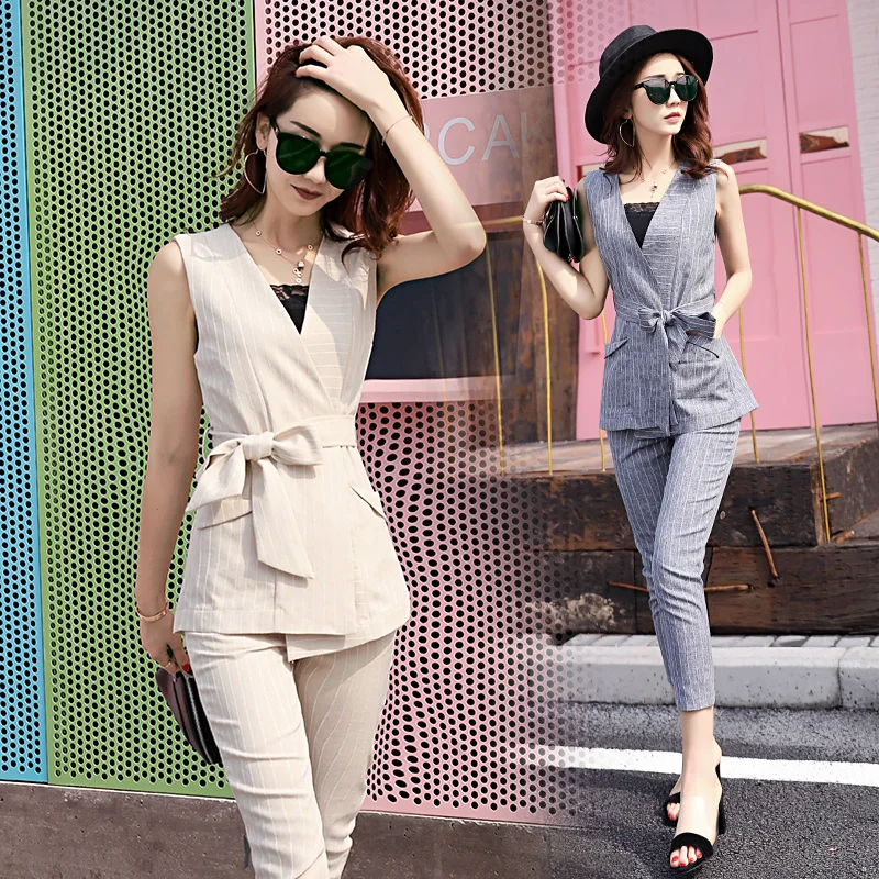 Set female 2018 summer new temperament fashion wild solid color sleeveless clothes + Slim sweet elegant striped suit Set female 2018 summer new temperament fashion wild solid color sleeveless clothes + Slim sweet elegant striped suit