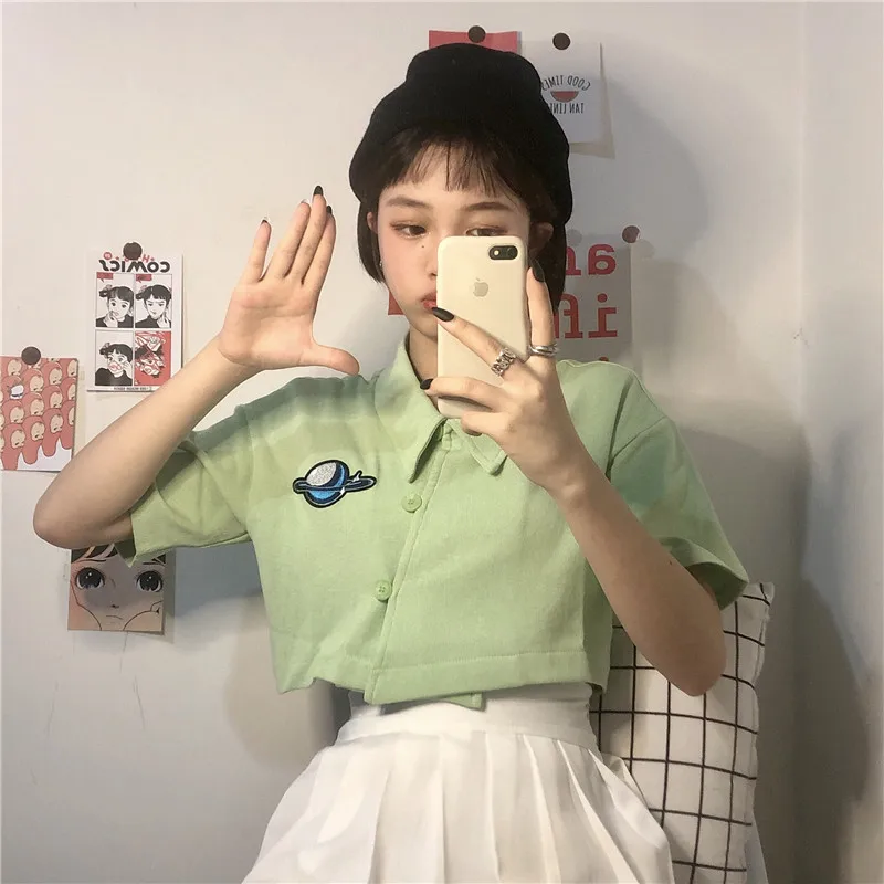 

tee shirt femme 2019 summer style Sweet beauty short crop top turn-down collar korean clothes Women's Clothing print short