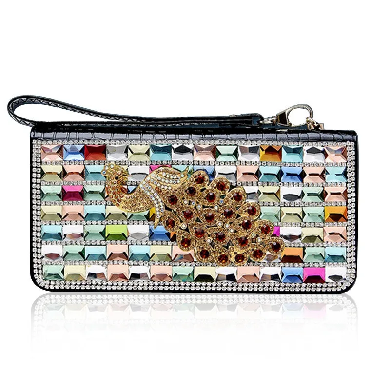 

Genuine Leather Long Women Wallet Diamond Crystal Cow Leather women's Purse Wallets female Card hollder zipper Clutch Bling