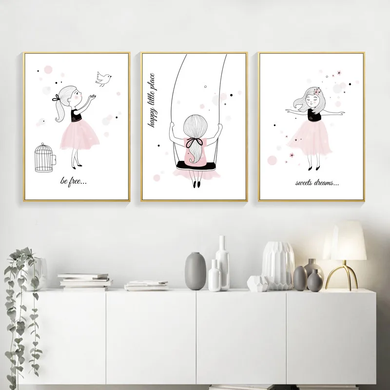 

Be Fast Print Cartoon Wall Art Canvas Painting Pink Girl Poster Room Decor Wall Pictures